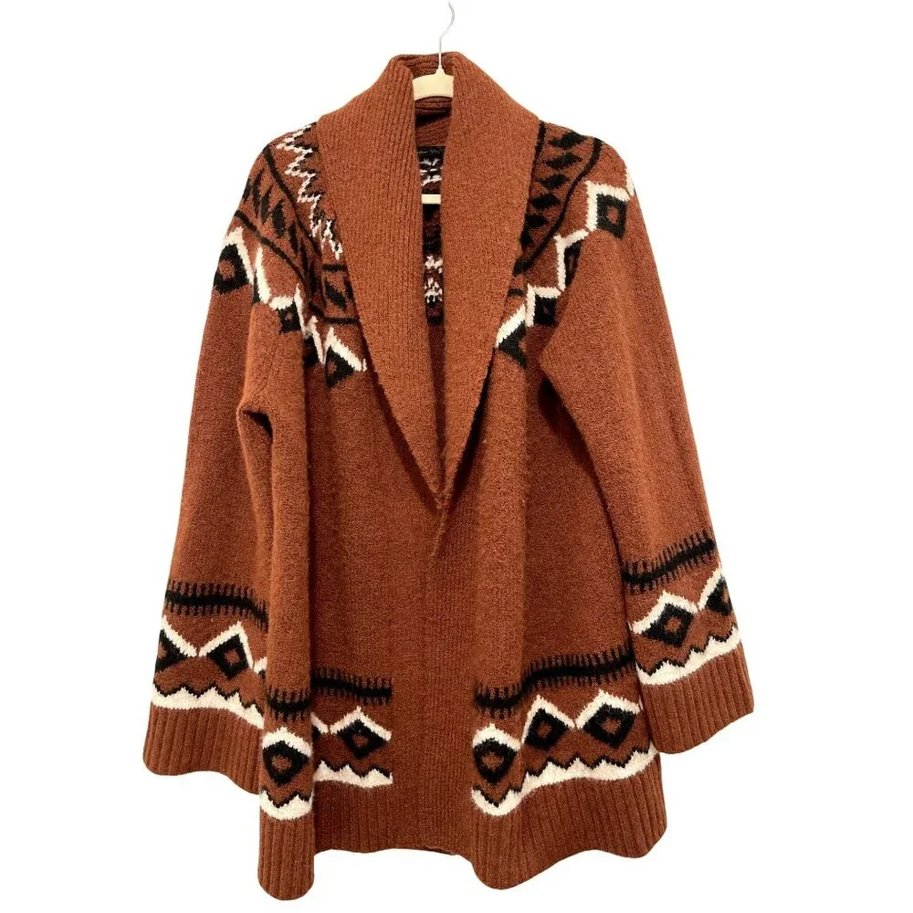 New House Of Harlow Denisia Fairisle Shawl Cardigan Medium Rust Aztec - Picture 5 of 10